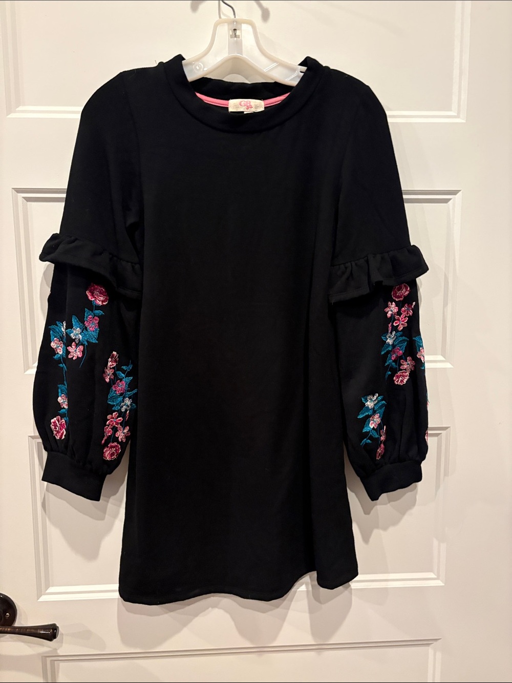 Girls Black Embroidered Floral Sleeve Dress
